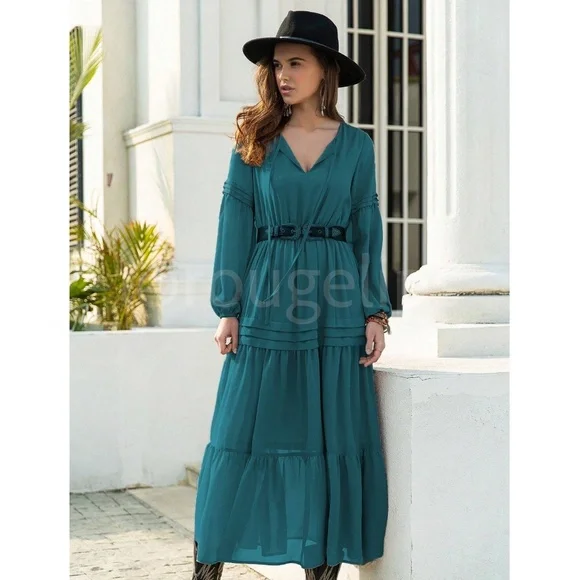 Teal Blue Bohemian Maxi Dress Chiffon Neck Ties Long Sleeve Ruffle Hem Flowy